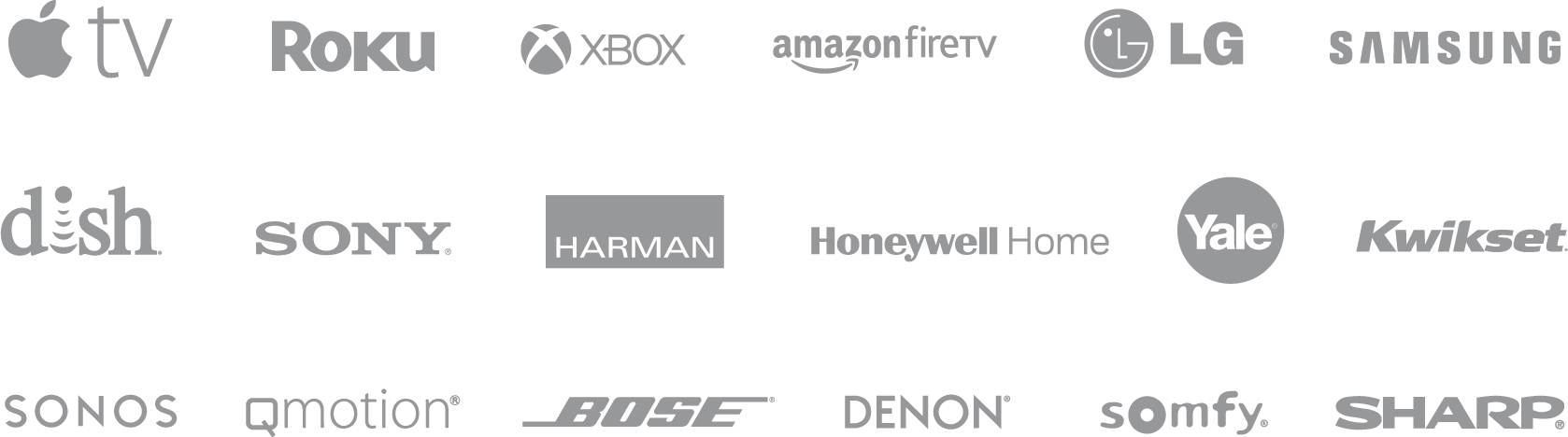 Apple TV, Roku, Amazon, Lutron, LG, Samsung, Dish, Sony, Bose, Denon, Yale, Kwikset, Sonos, QMotion, Harman, Honeywell, Somfy, Sharp